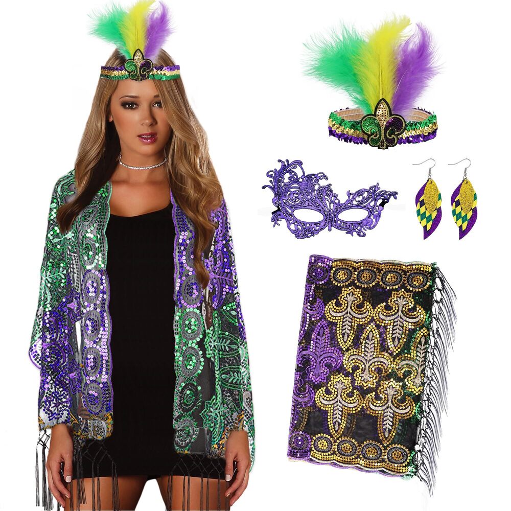 5178 4pcs Mardi Gras Outfit For Women,shawl Scarf With Mardi